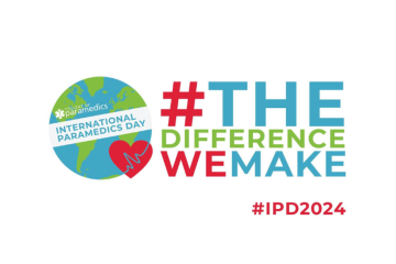 A promotional graphic for International Paramedics Day 2024, featuring the College of Paramedics logo with a globe and heart symbol. The theme, "#TheDifferenceWeMake," emphasises the impact of paramedics worldwide, with the hashtag #IPD2024.