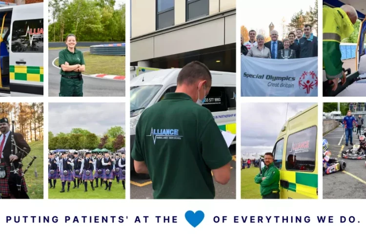A collage showcasing Alliance Ambulance Services in action, featuring paramedics, ambulances, community events, and partnerships like Special Olympics Great Britain. Emphasises our motto, "Putting patients' at the heart of everything we do".