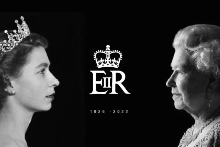 A tribute image of Queen Elizabeth II, showing portraits from her youth and later years, symbolizing her long reign and dedication. Centered is the "E II R" insignia with her birth and passing years, 1926-2022, honoring her legacy.