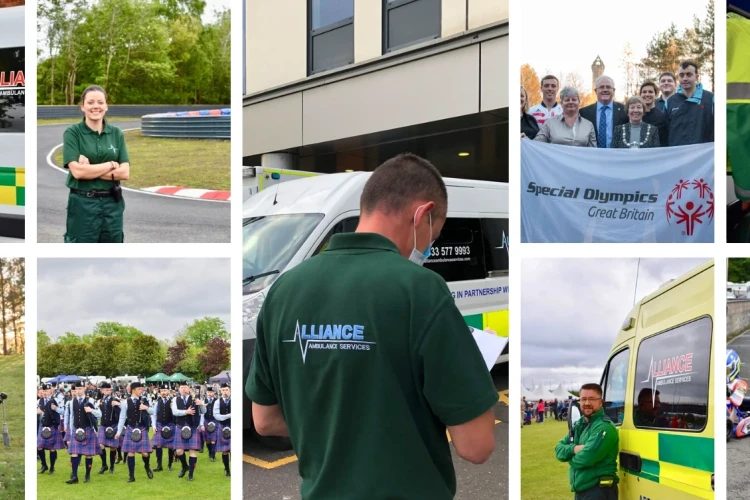 A collage of images showcasing Alliance Ambulance Services staff and vehicles at different events, including motorsport races, community gatherings, and medical support for the Special Olympics. The photos highlight the diverse range of services provided, from emergency response to event support.